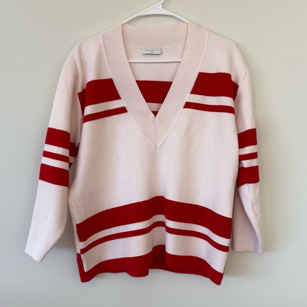 Sandro Pink Red Stripped V-Neck Sweater